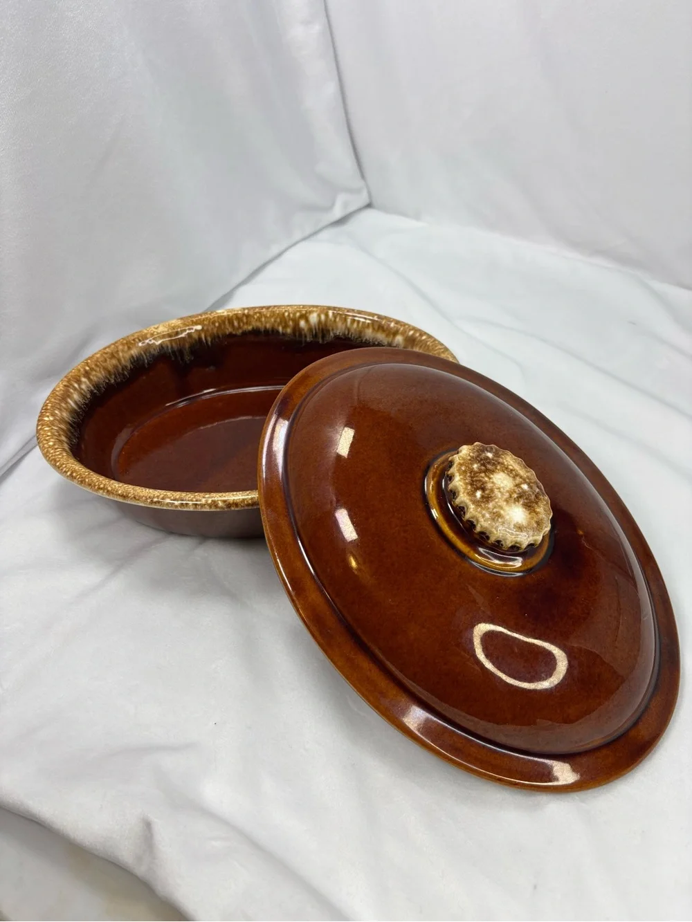 Vintage H.P. Co Oven Proof Covered Casserole Dish USA Brown Drip Glaze Stoneware